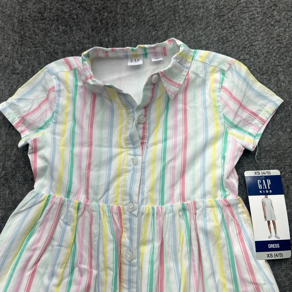 GAP‎ Kids Girls Dress XS 4/5 Cotton Short Sleeved Striped Button Pastel Easter